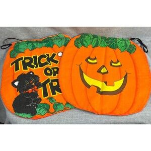 Vtg 90s Halloween Cloth Trick or Treat Bag Mouse Cat Pumpkin Drawstring Qty 2